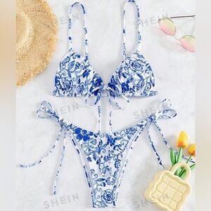 Blue floral shein bikini, size 2/XS